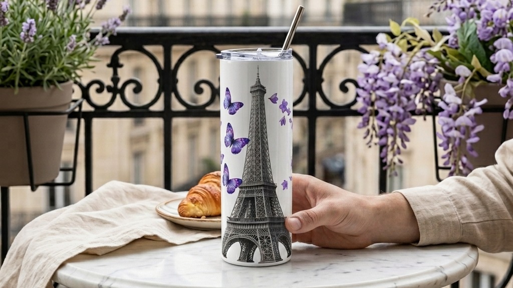 A hand holding the Paris Eiffel Tower tumbler on a balcony table with a croissant and lavender