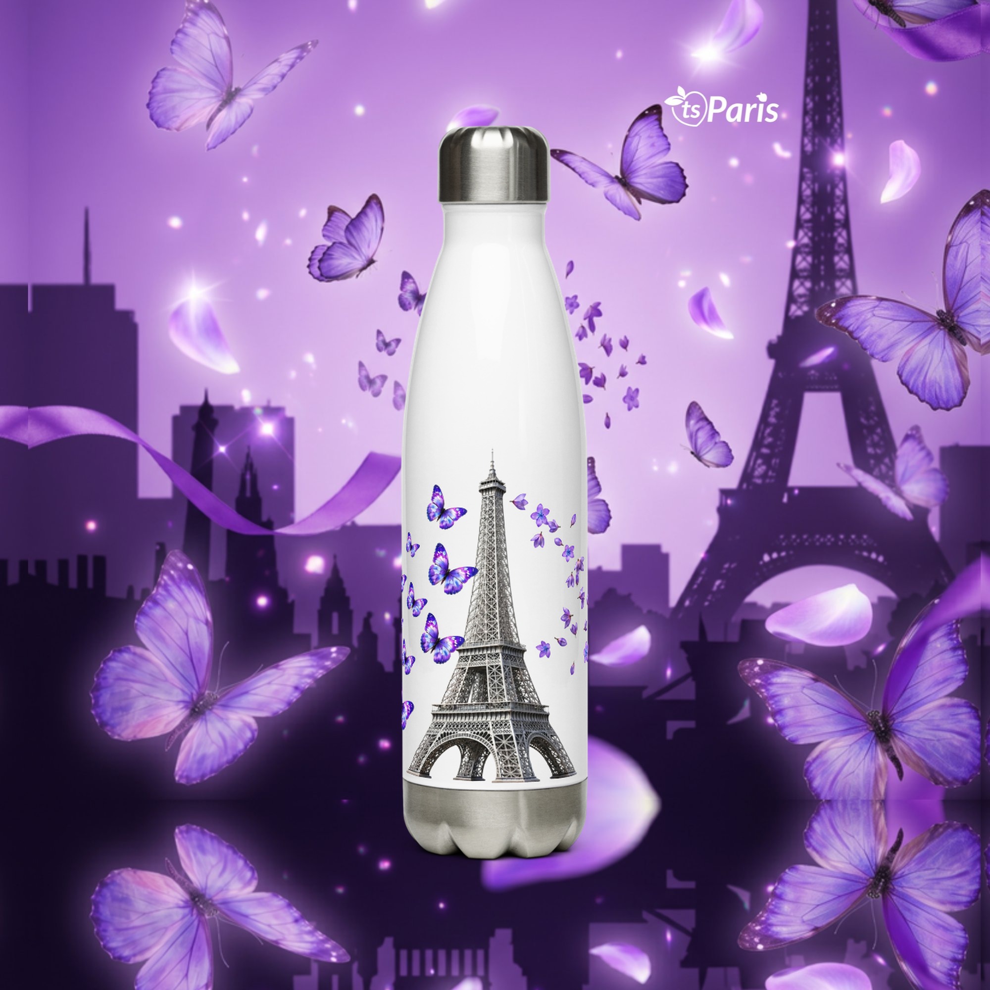 tsgabrielle® • París - La Torre Eiffel • Botella de agua • Blanco • Acero inoxidable • 17 oz - White - View 15